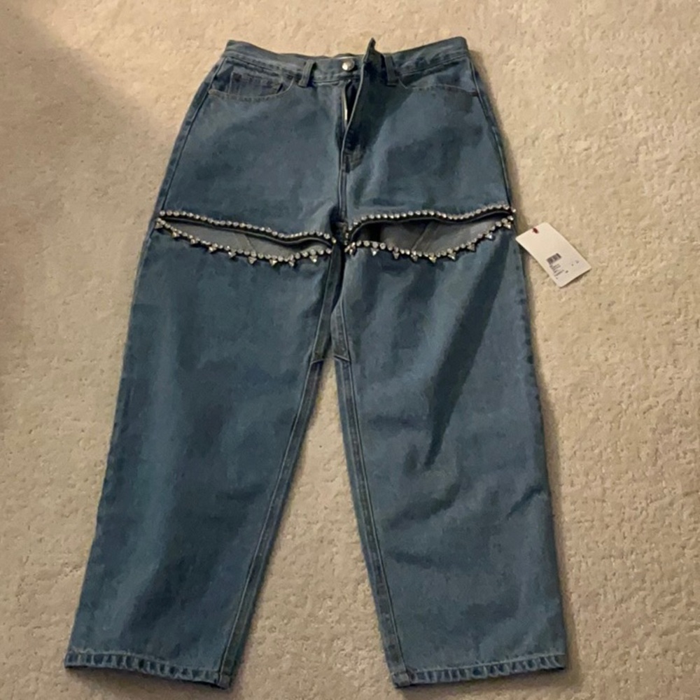 AREA Blue Straight Leg Jeans with Chain Details